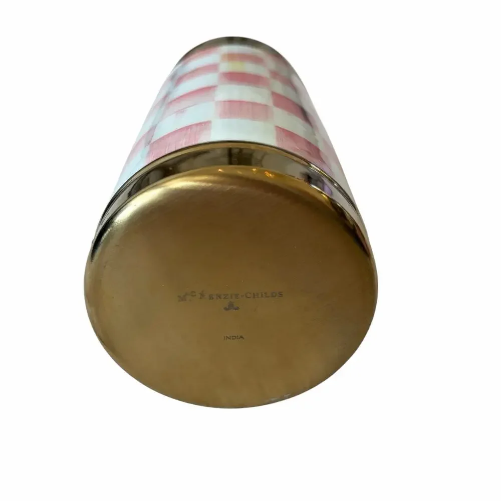 New MacKenzie-Childs Rosy Check 3260 Gold Cocktail Shaker Chic Pink Bareware